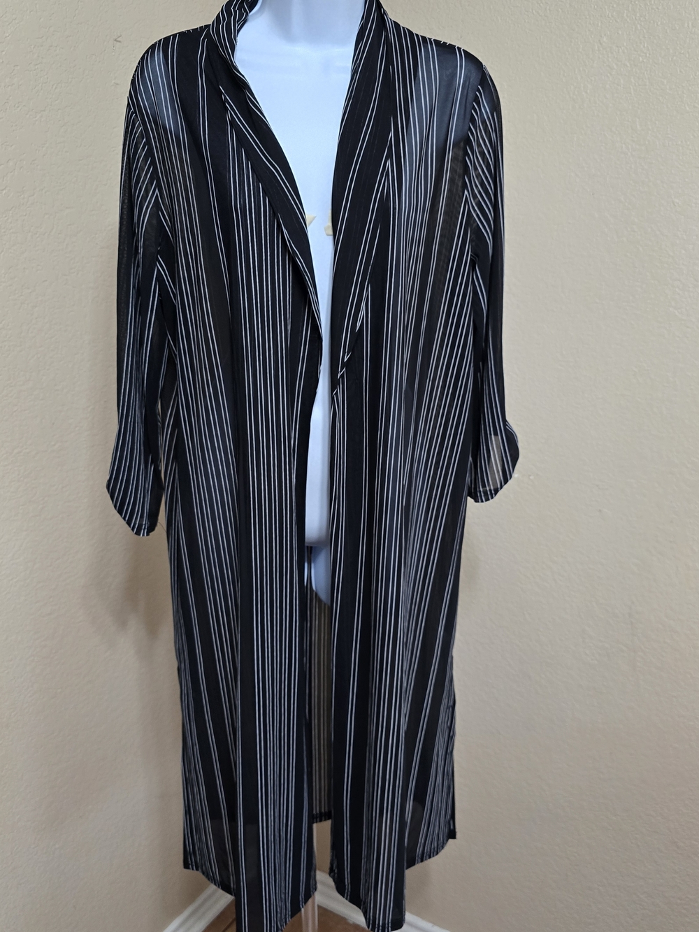 Long Black Stripe Open-Front Women's Cardigan